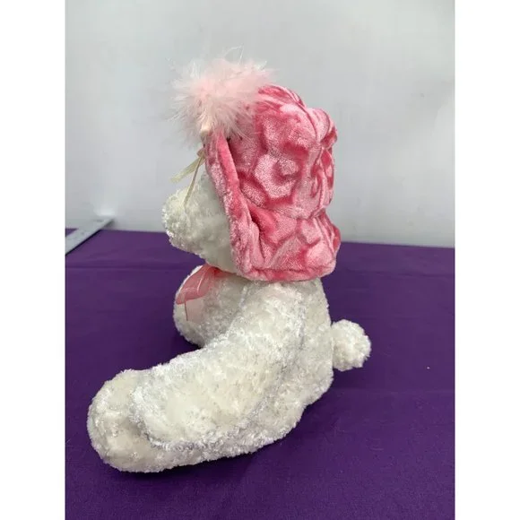 Dan Dee Victorian Sitting 8 Inch White Bear Pink Velvet Hat Rose Feather Bow - Picture 5 of 8